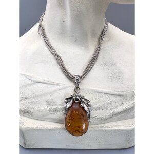 Art Nouveau Style Large Baltic Amber Sterling Silver Pendant Necklace